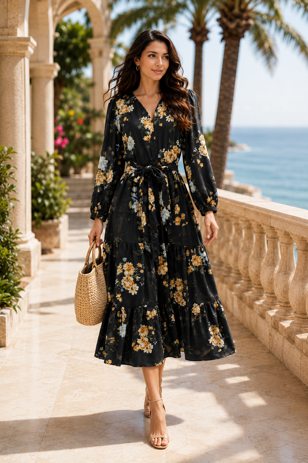 Black Floral Wrap Dress