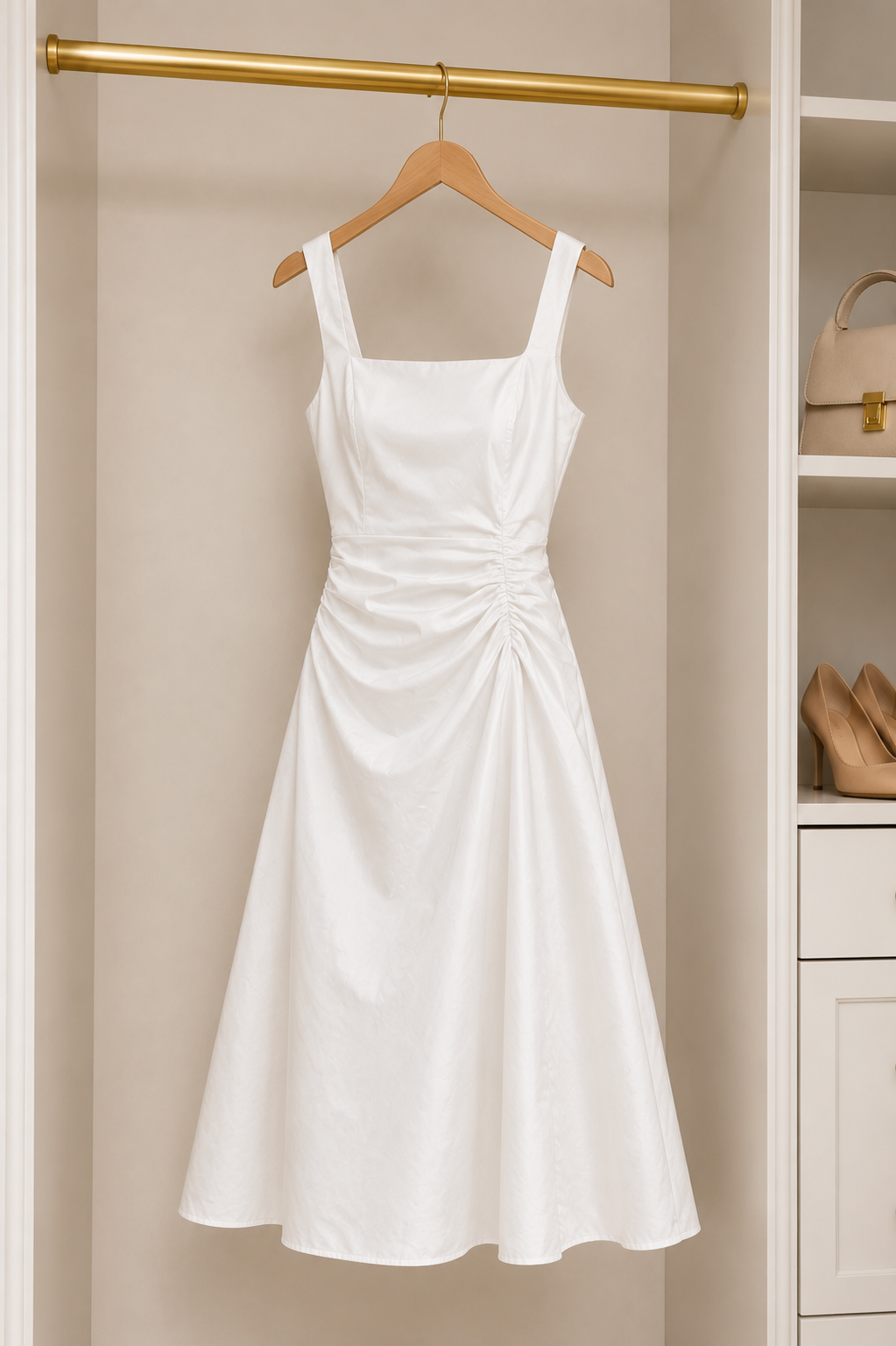Elegant White A-Line Midi Dress Size M