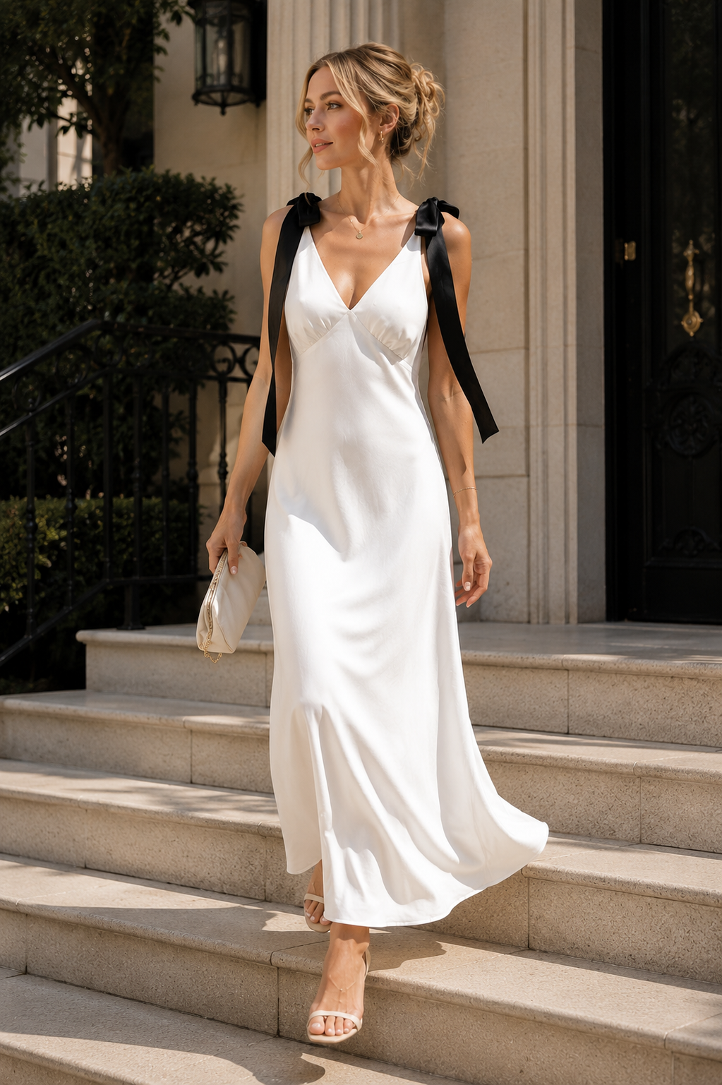Elegant White Maxi Dress with Black Bow Straps Size L
