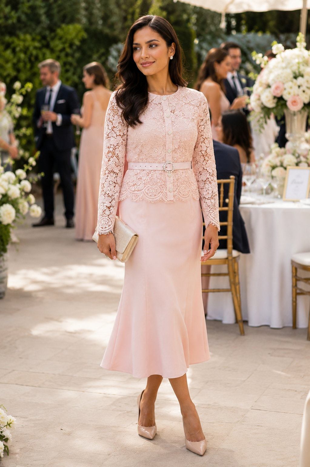 Elegant Blush Lace Midi Dress Size M