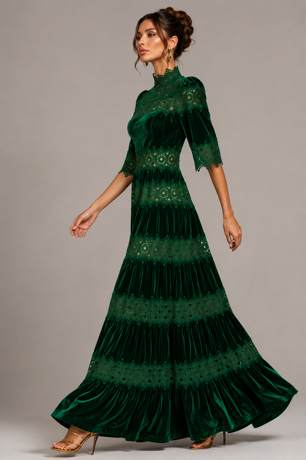 Emerald Green Velvet Lace Maxi Dress Size S