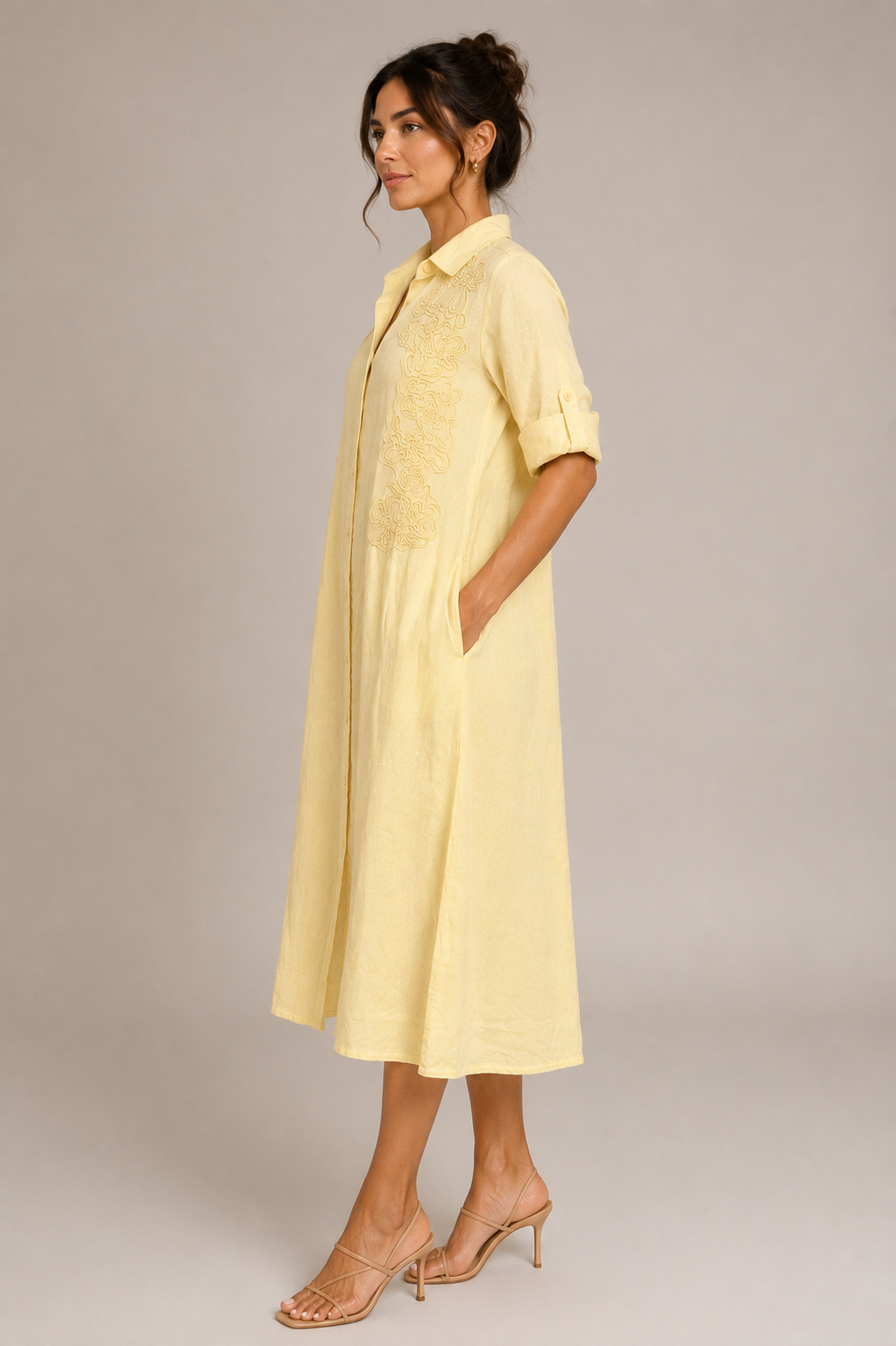 Elegant Lemon Yellow Embroidered Shirt Dress – Size M
