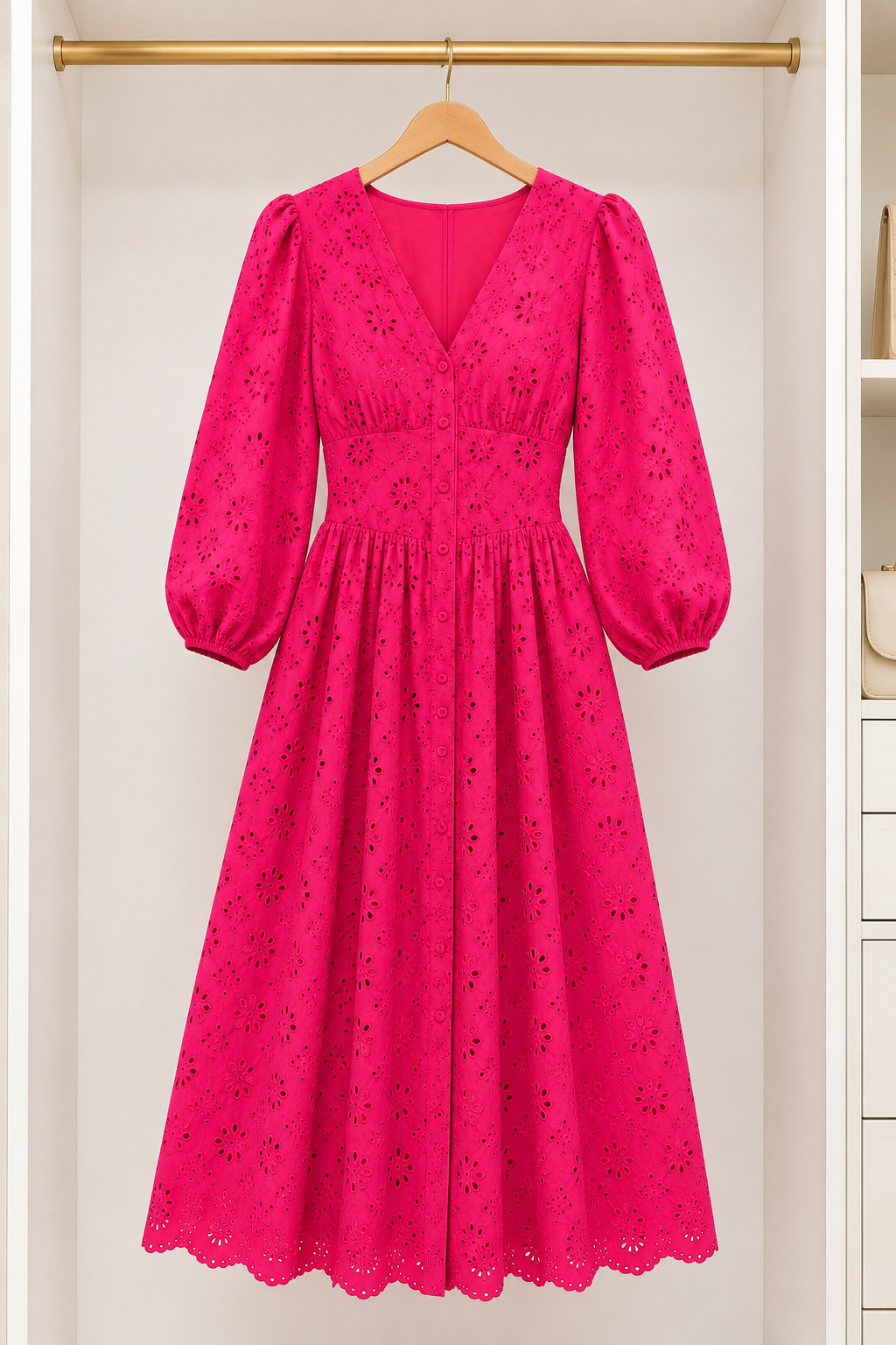 Elegant Fuchsia Broderie Midi Dress Size S