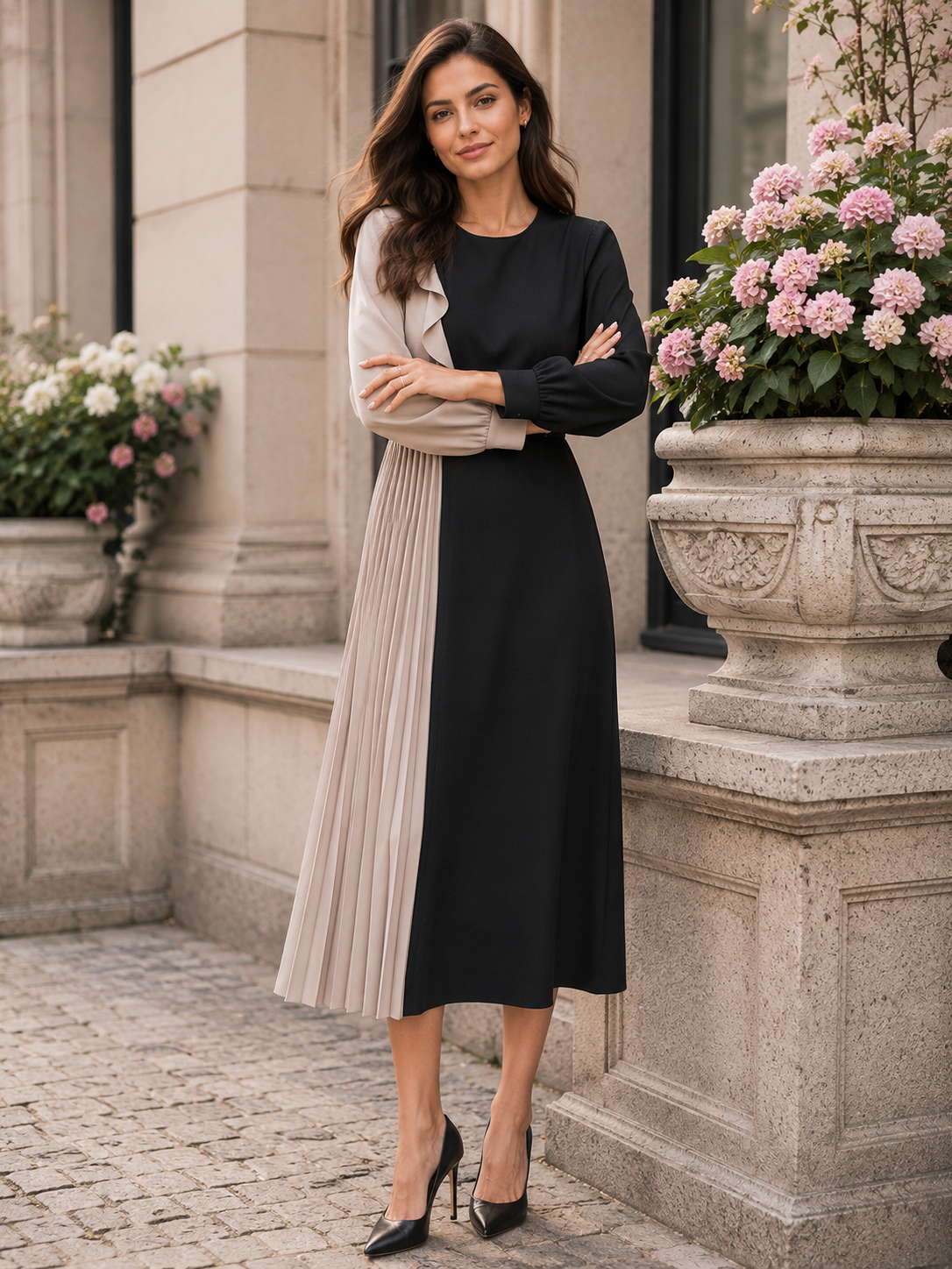 Black &amp; beige pleated midi dress