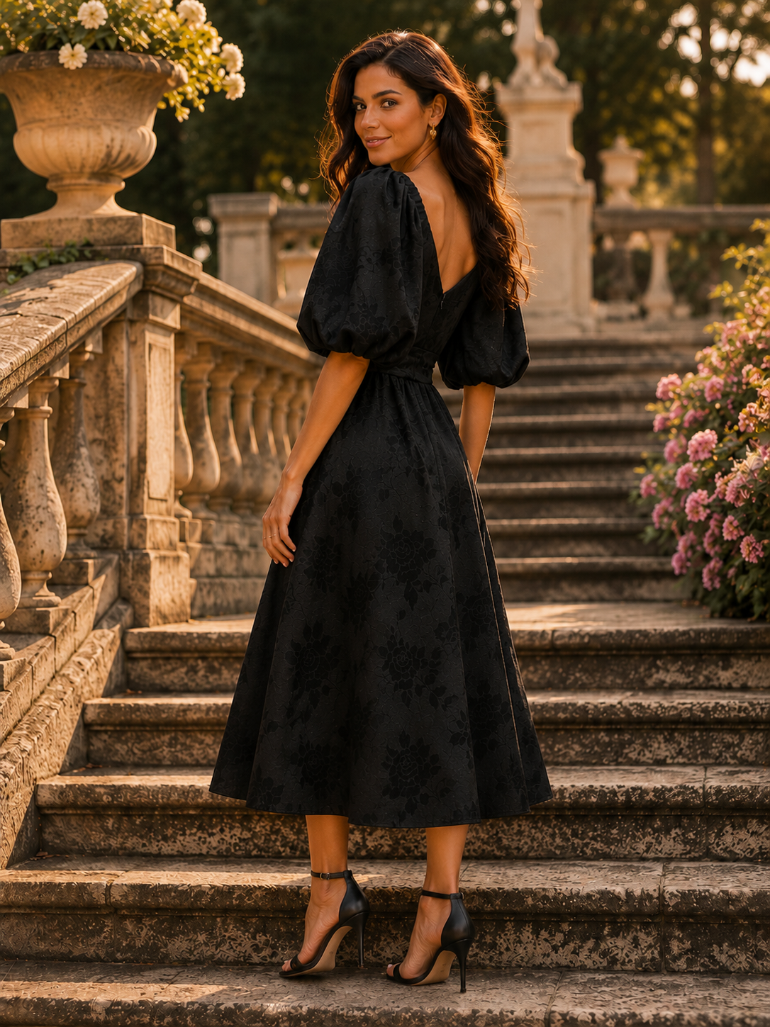 Black Puff Sleeve Satin Dress