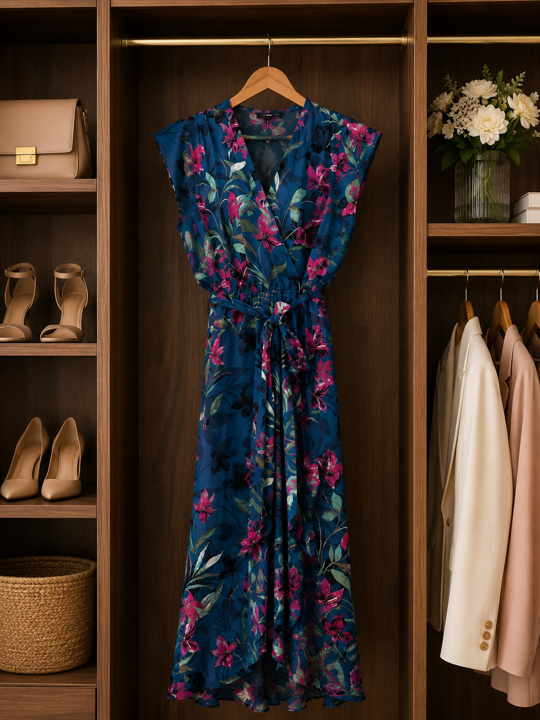 Elegant Floral Wrap Midi Dress M