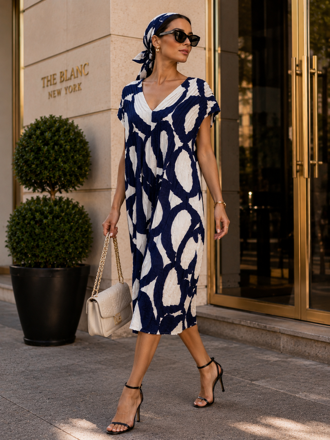 Blue & White Printed Midi Dress – Size 2