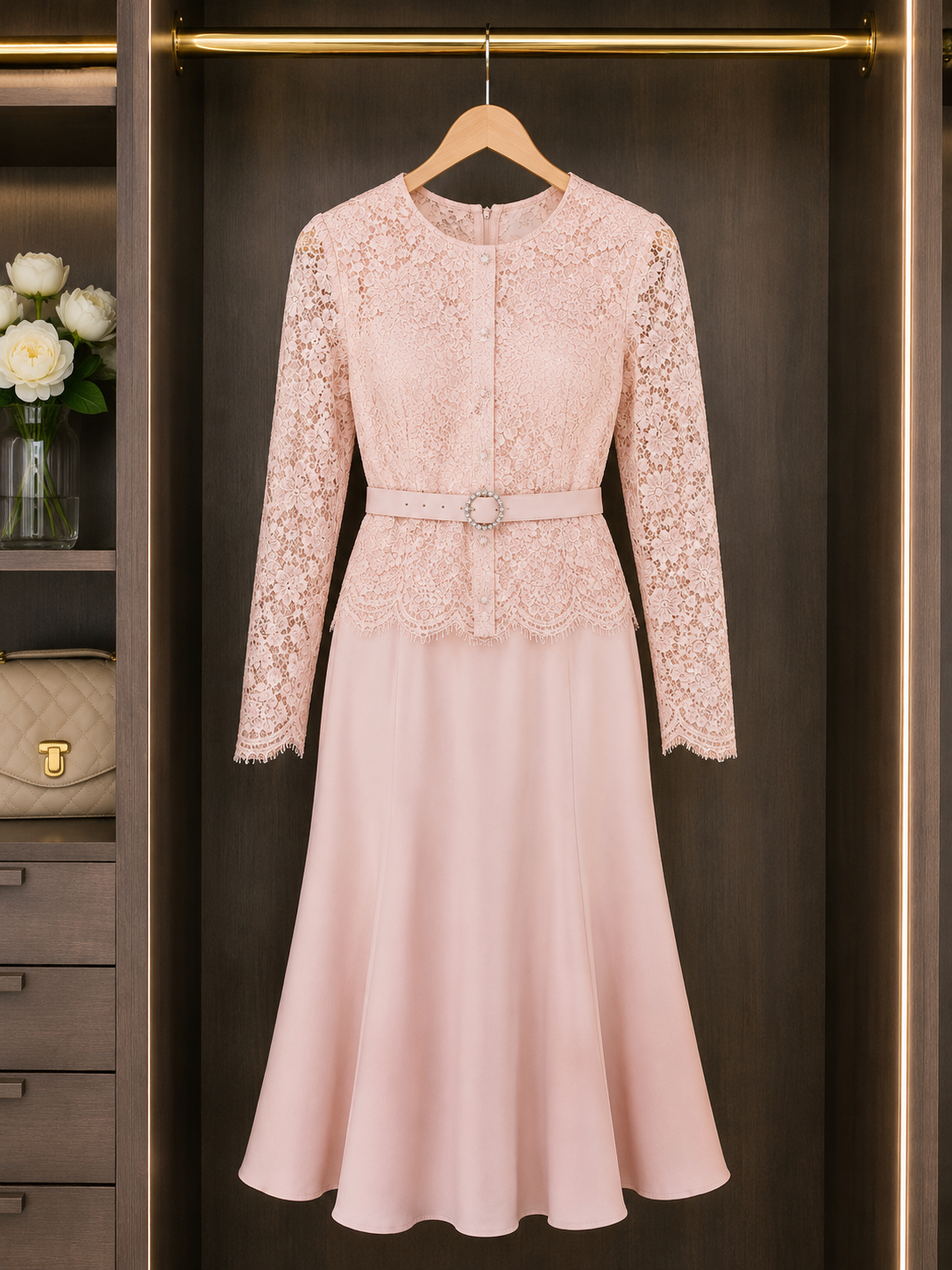 Elegant Blush Lace Midi Dress Size M