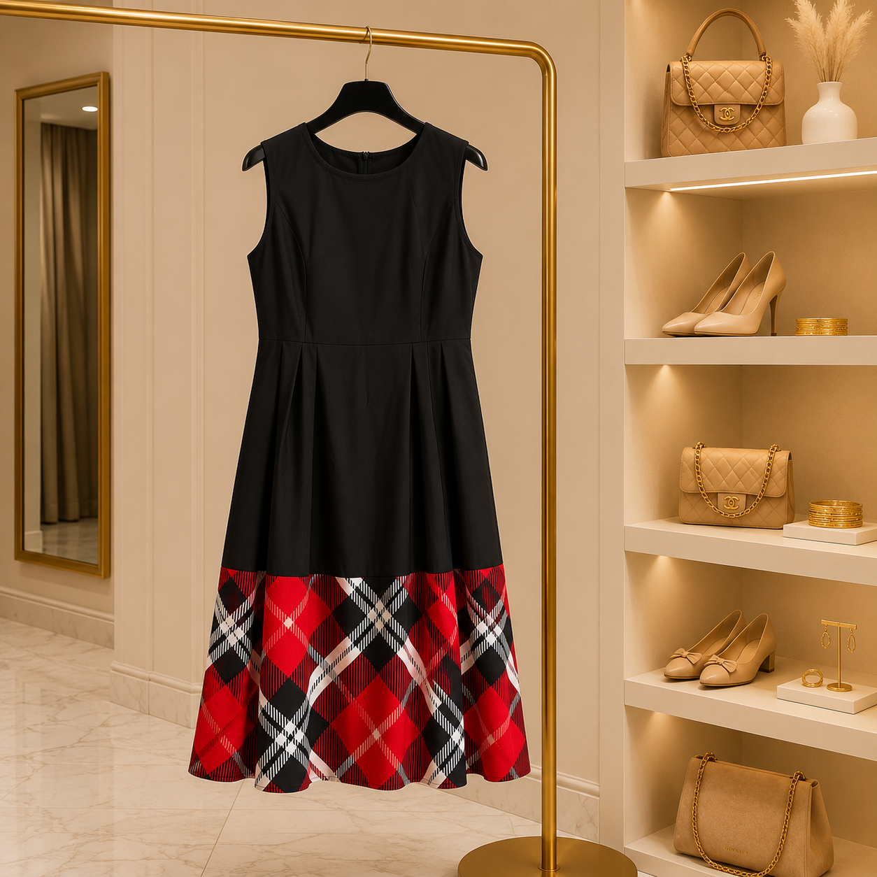 Black & Red Plaid Midi Dress
