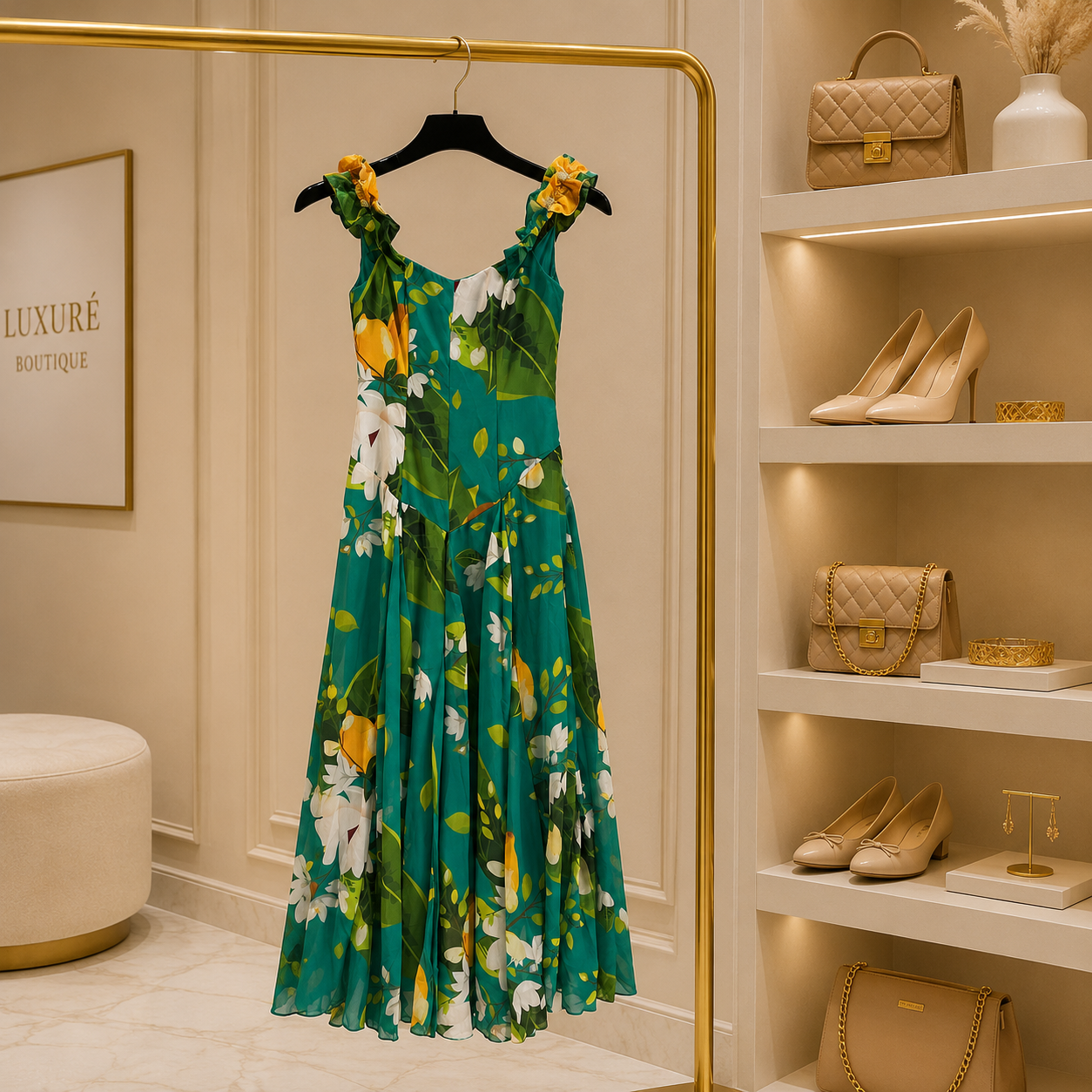 Green Tropical Floral Maxi Dress