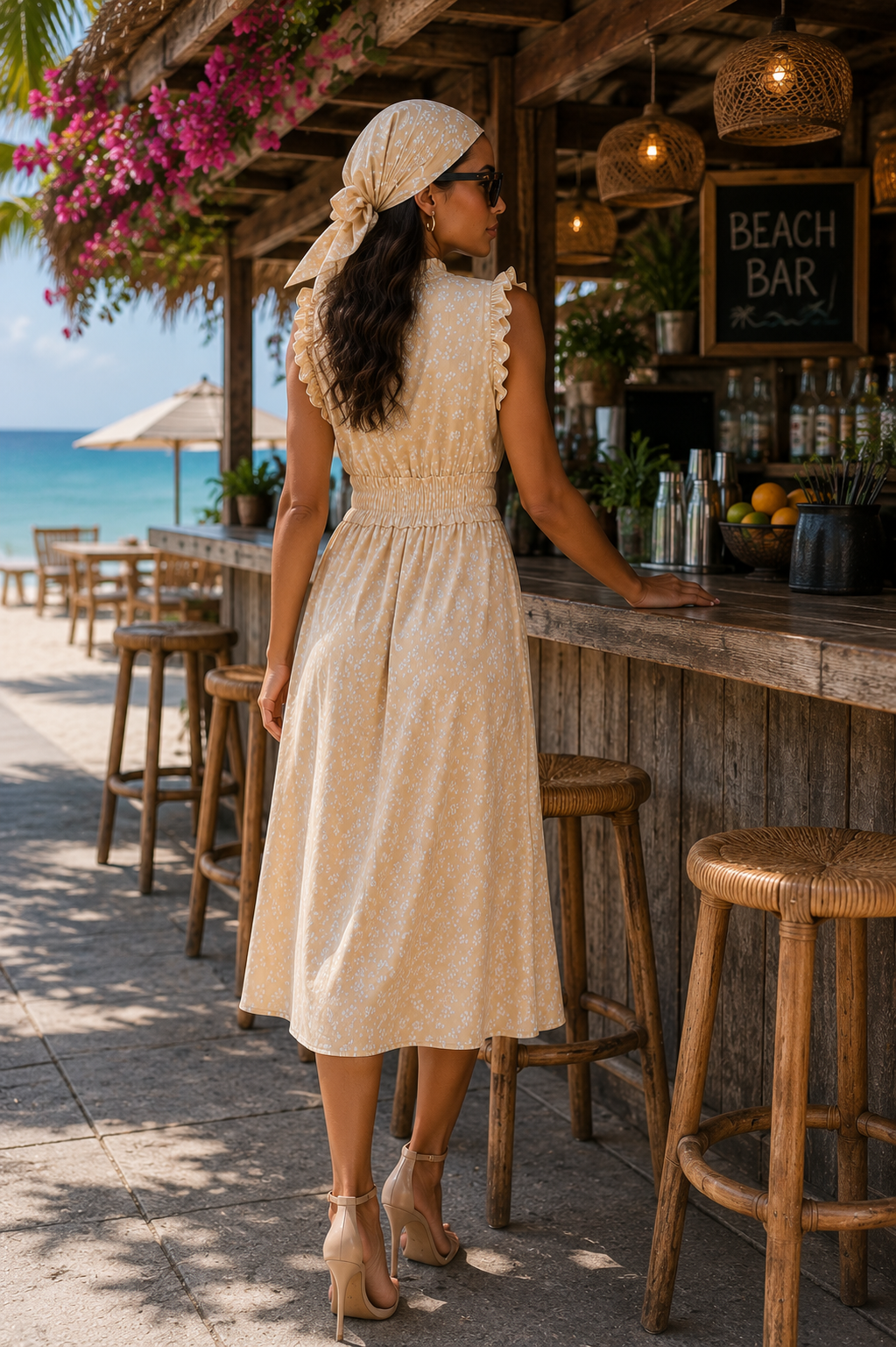 Elegant Beige Floral Midi Dress M