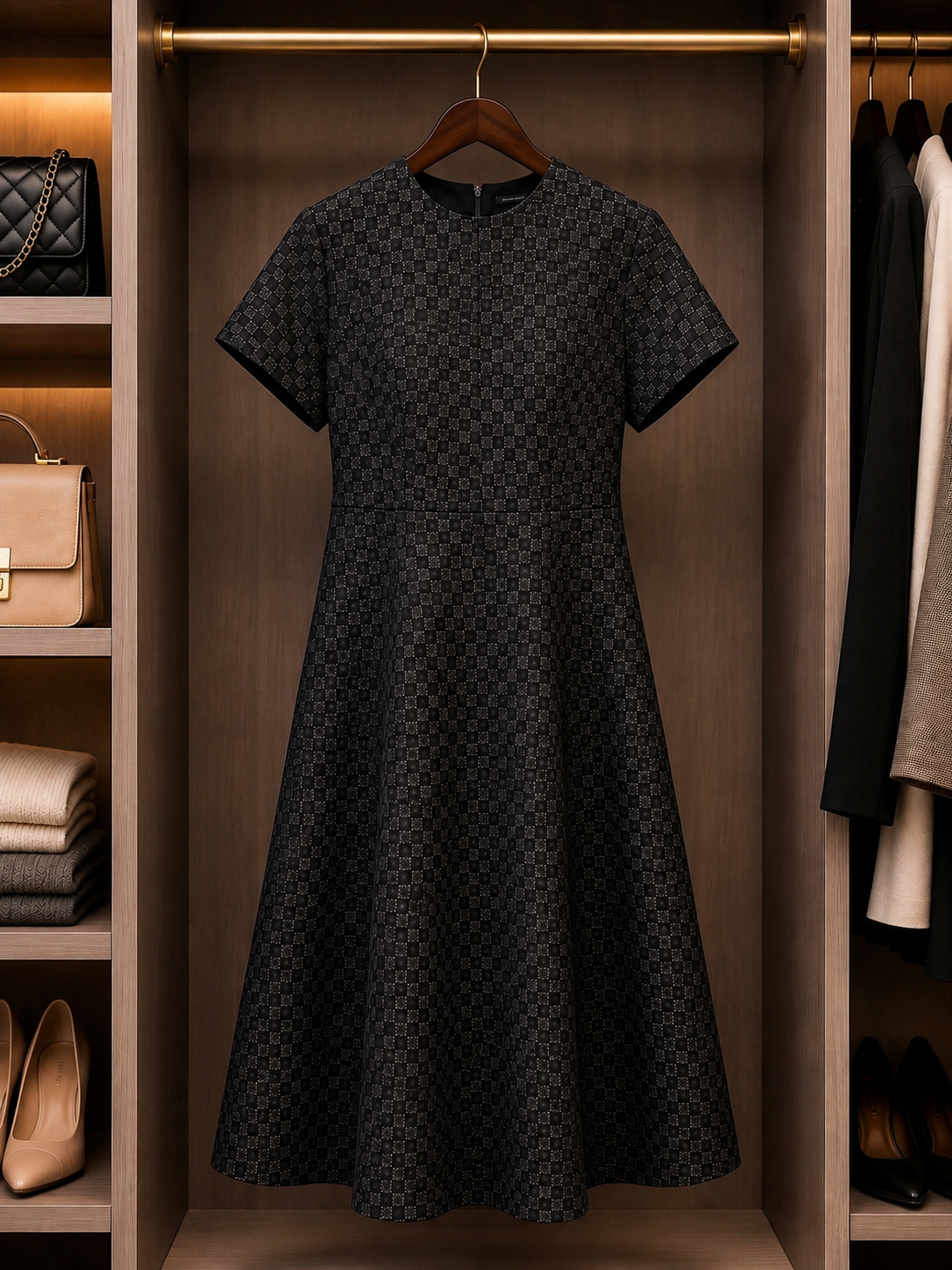 Elegant Textured Black Midi Dress Size L