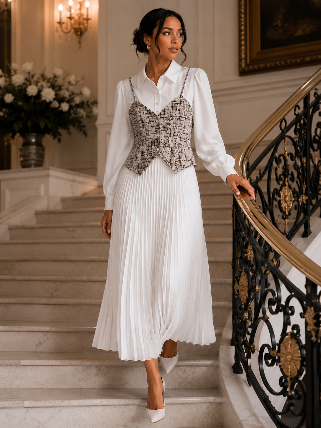 Elegant Two-Piece Look Pleated Midi Dress Size L
