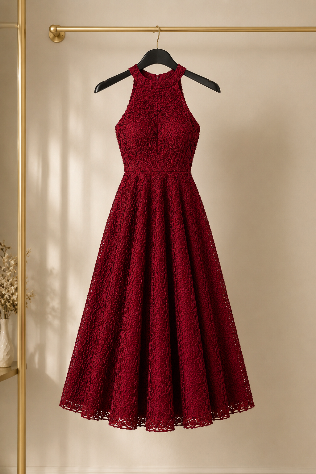 Burgundy Textured Rose Fit &amp; Flare Dress