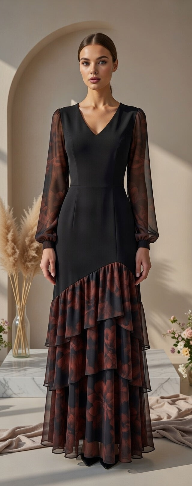 Black &amp; Rust Floral Contrast Midi Dress