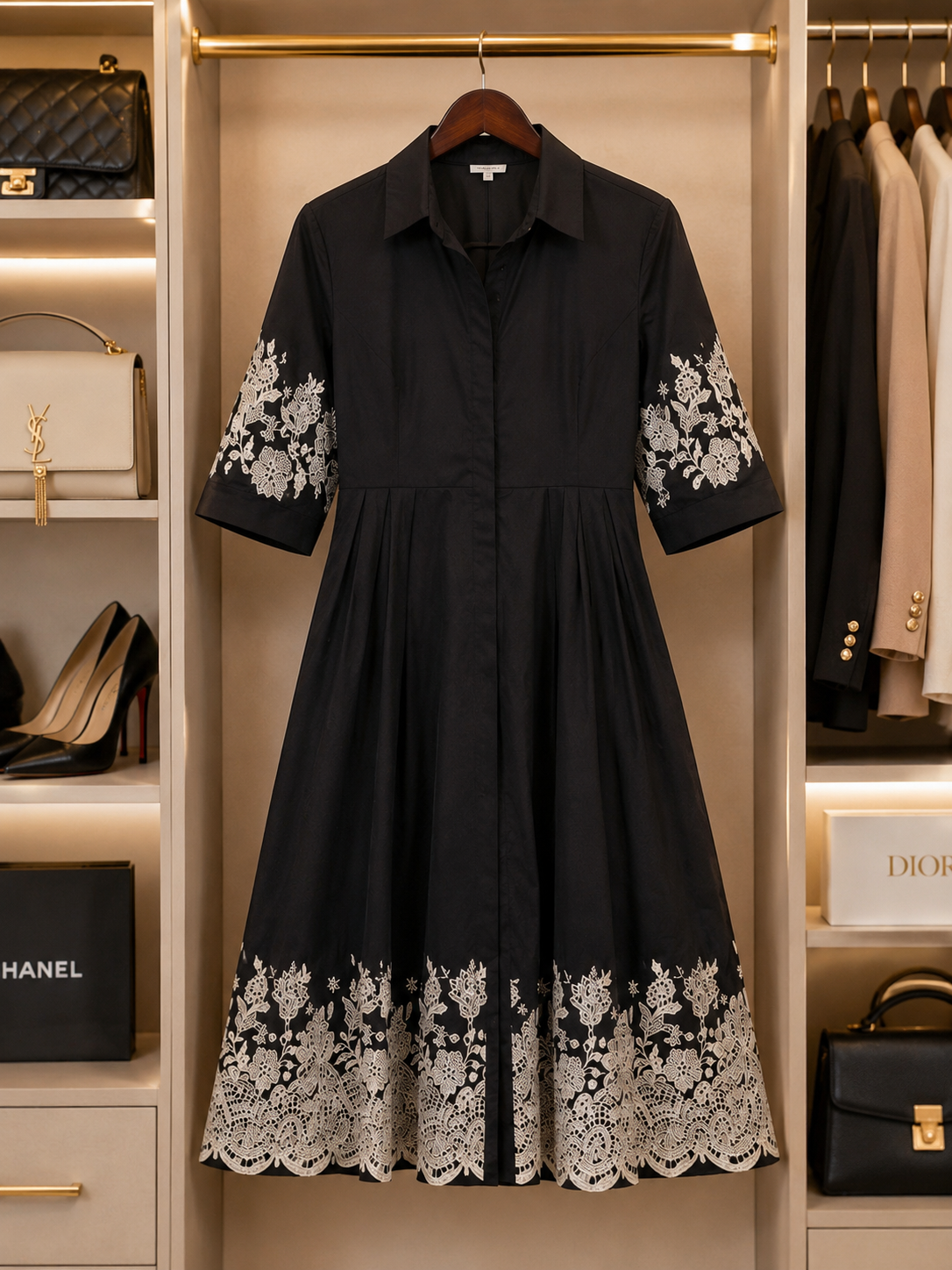 Elegant Black Embroidered Midi Dress – size S