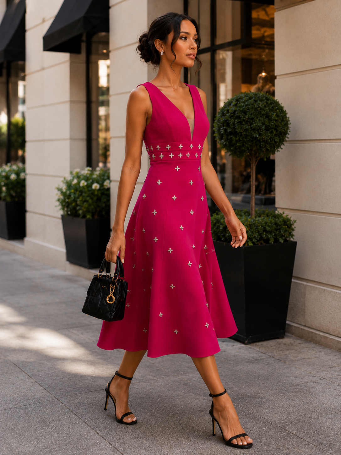 Elegant Embellished A-Line Midi Dress Size L