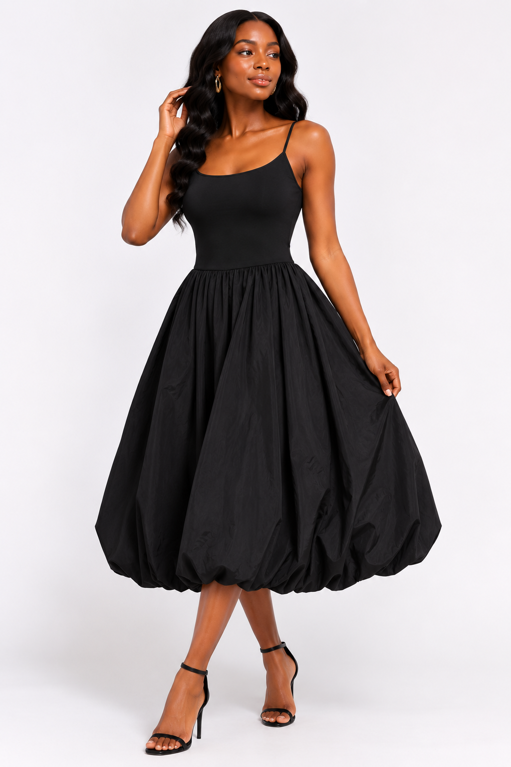 Elegant Black Balloon Midi Dress Size S