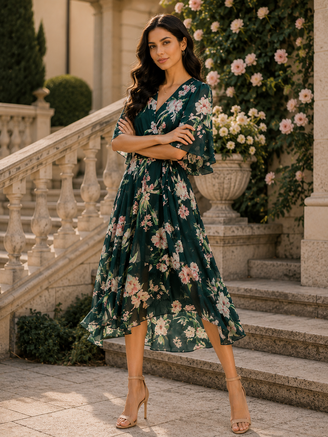 Green Floral Wrap Dress