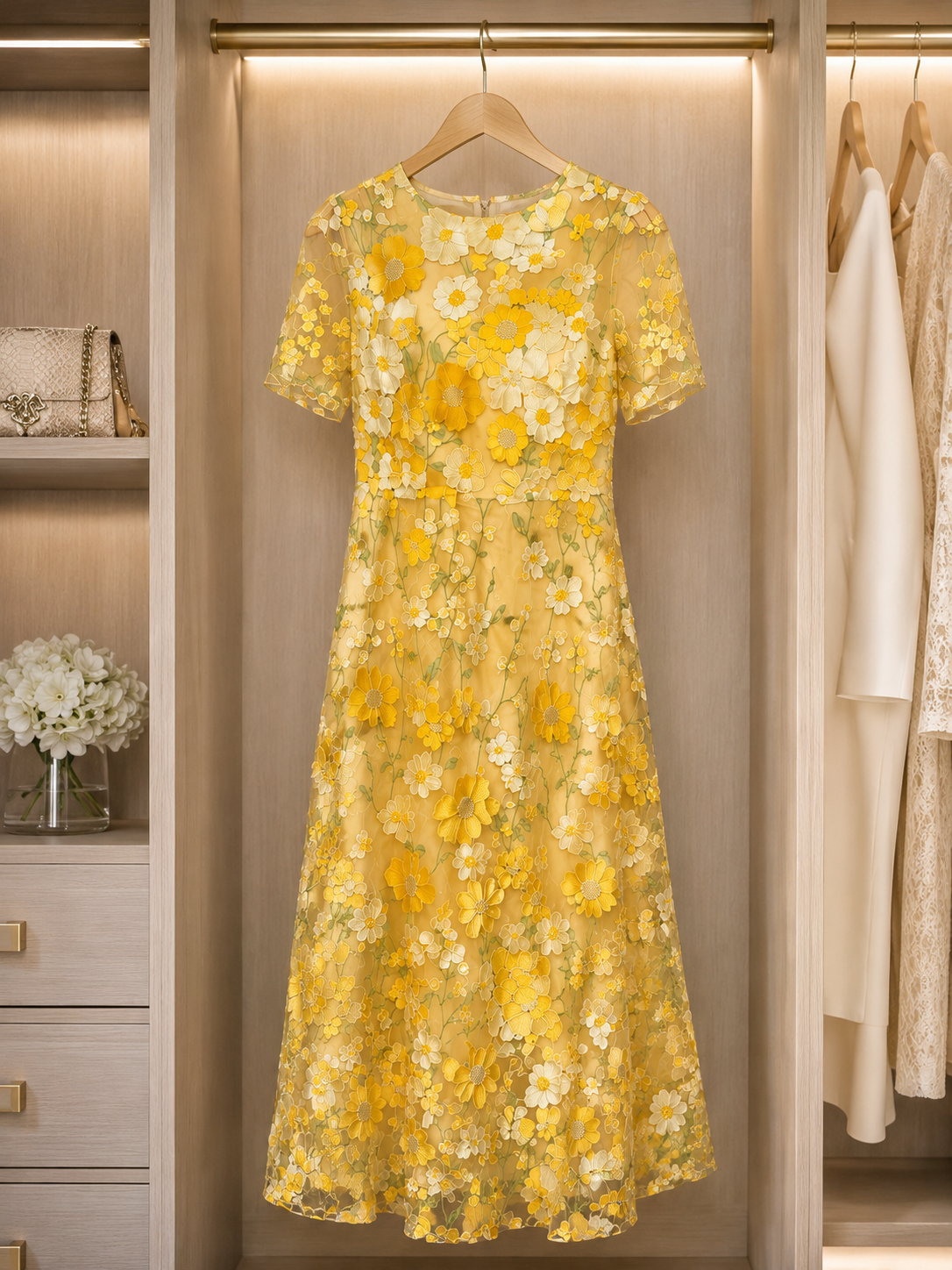 Elegant Floral Embroidered Midi Dress Size L