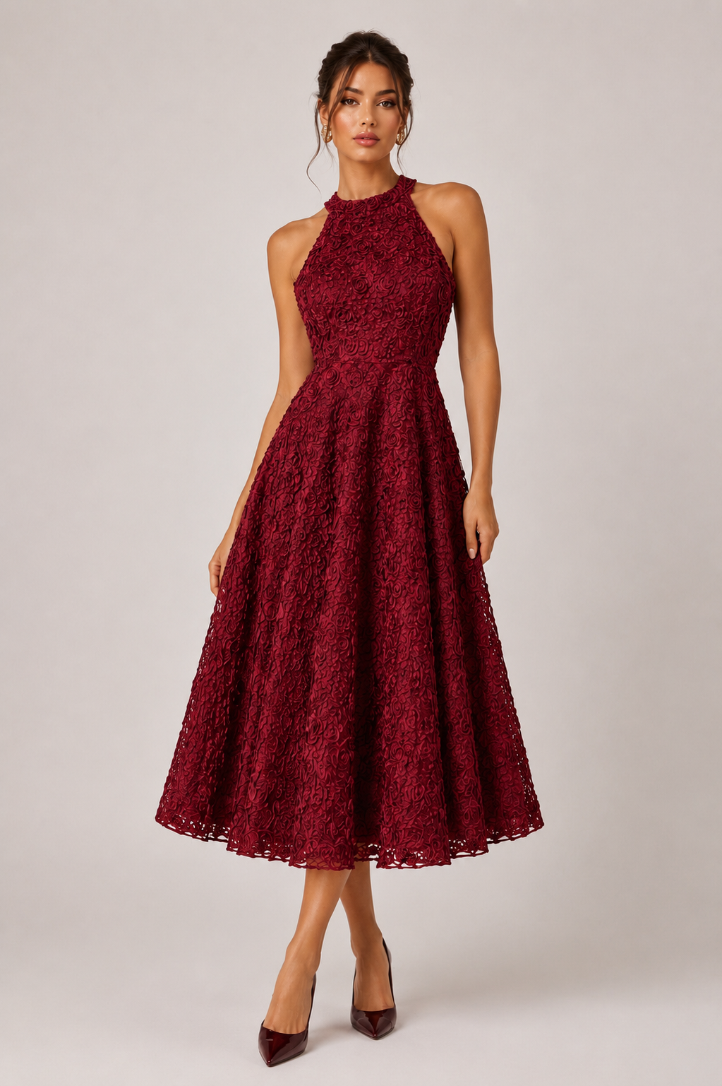 Burgundy Textured Rose Fit &amp; Flare Dress