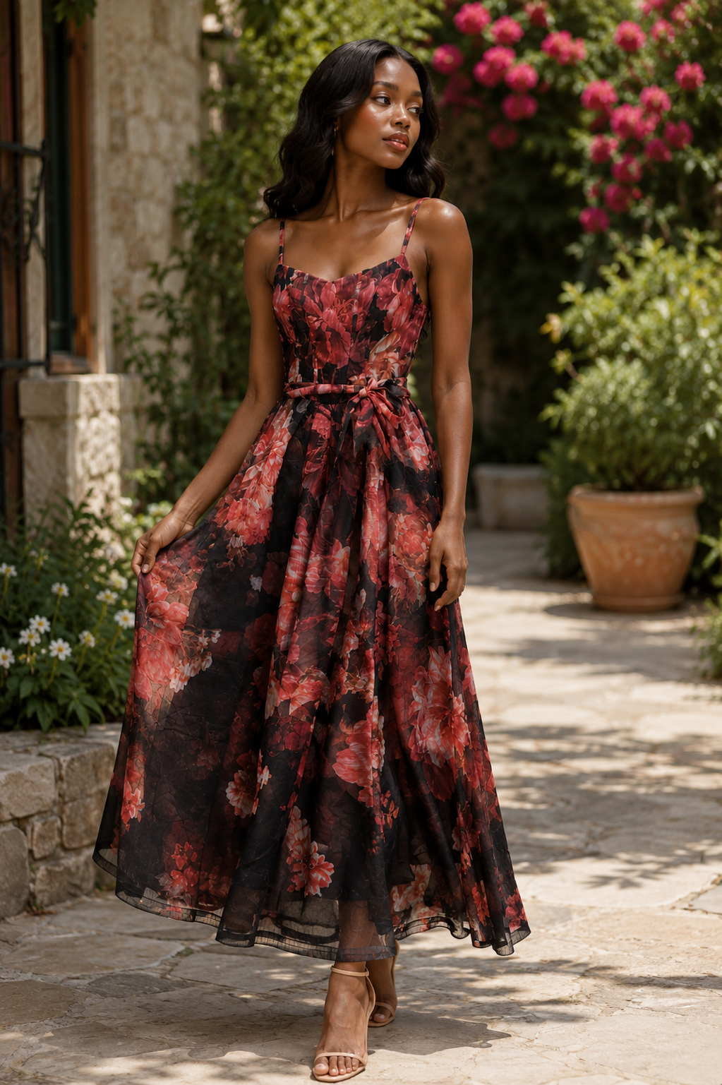 Elegant Floral Print Midi Dress Size XS
