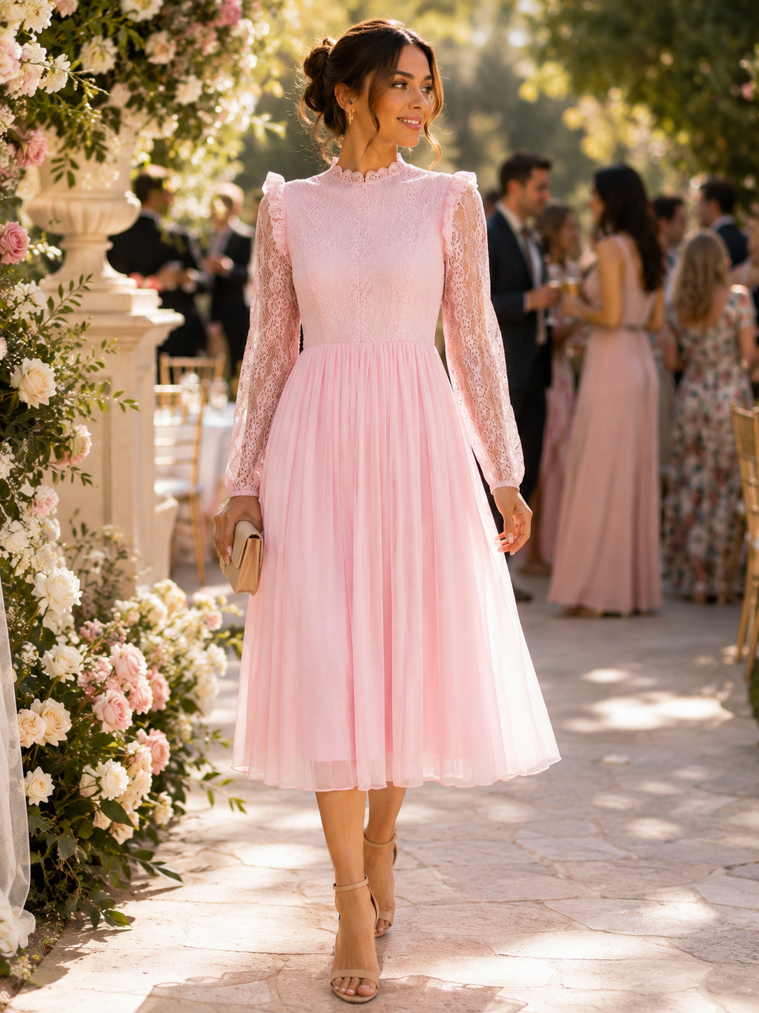 Elegant Blush Pink Lace Midi Dress Size M