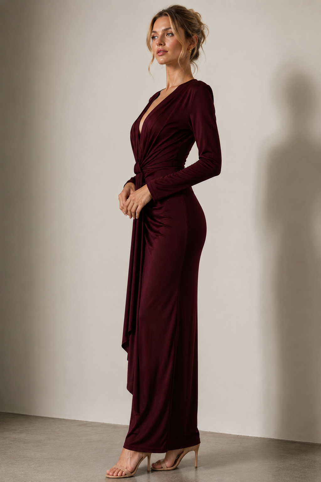 Elegant Burgundy Ruched Maxi Dress Size S