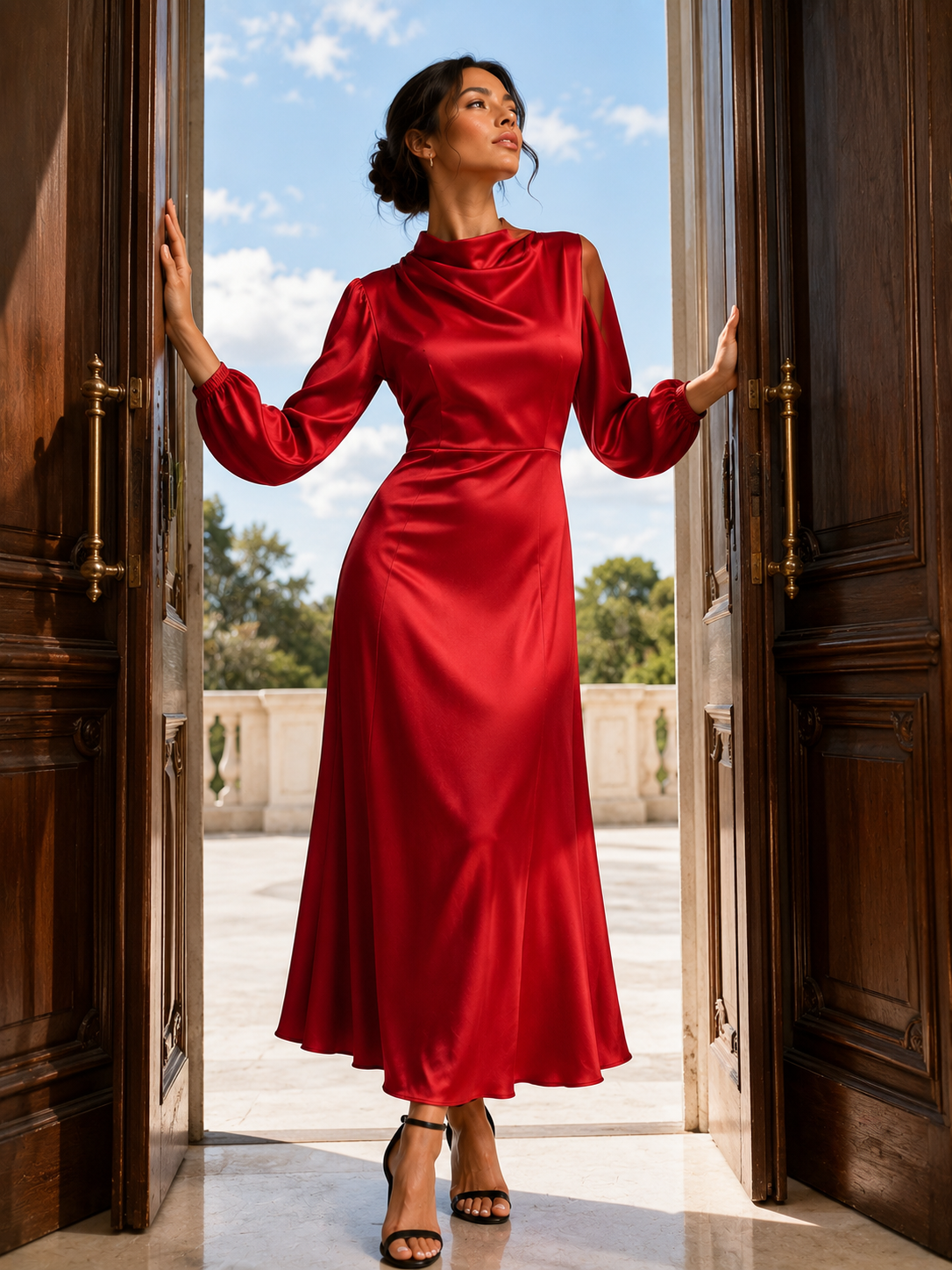 Elegant Ruby Red Satin Midi Dress – Timeless Sophistication Size XL