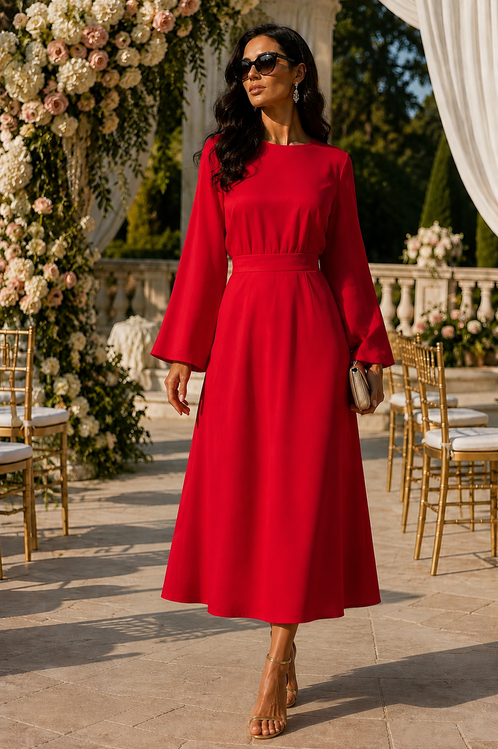 Elegant Red Long Sleeve Midi Dress size S