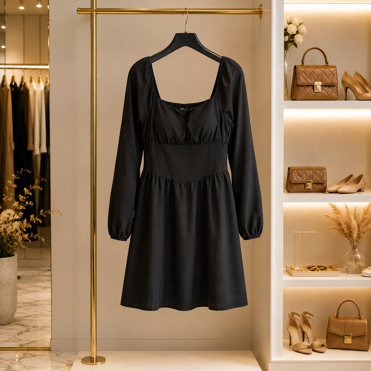 Black Smocked Short Mini Dress