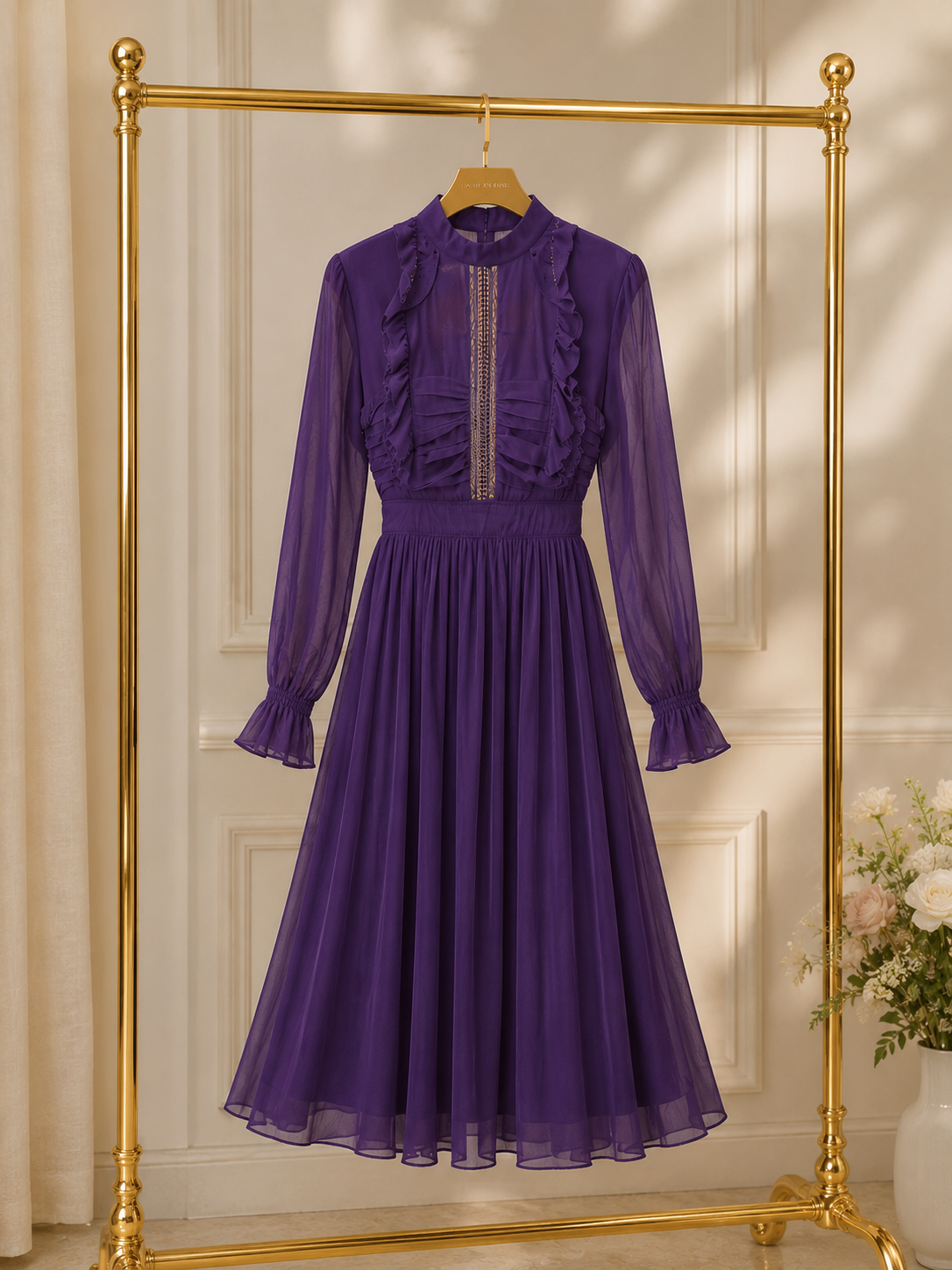 Elegant Purple Chiffon Midi Dress Size S