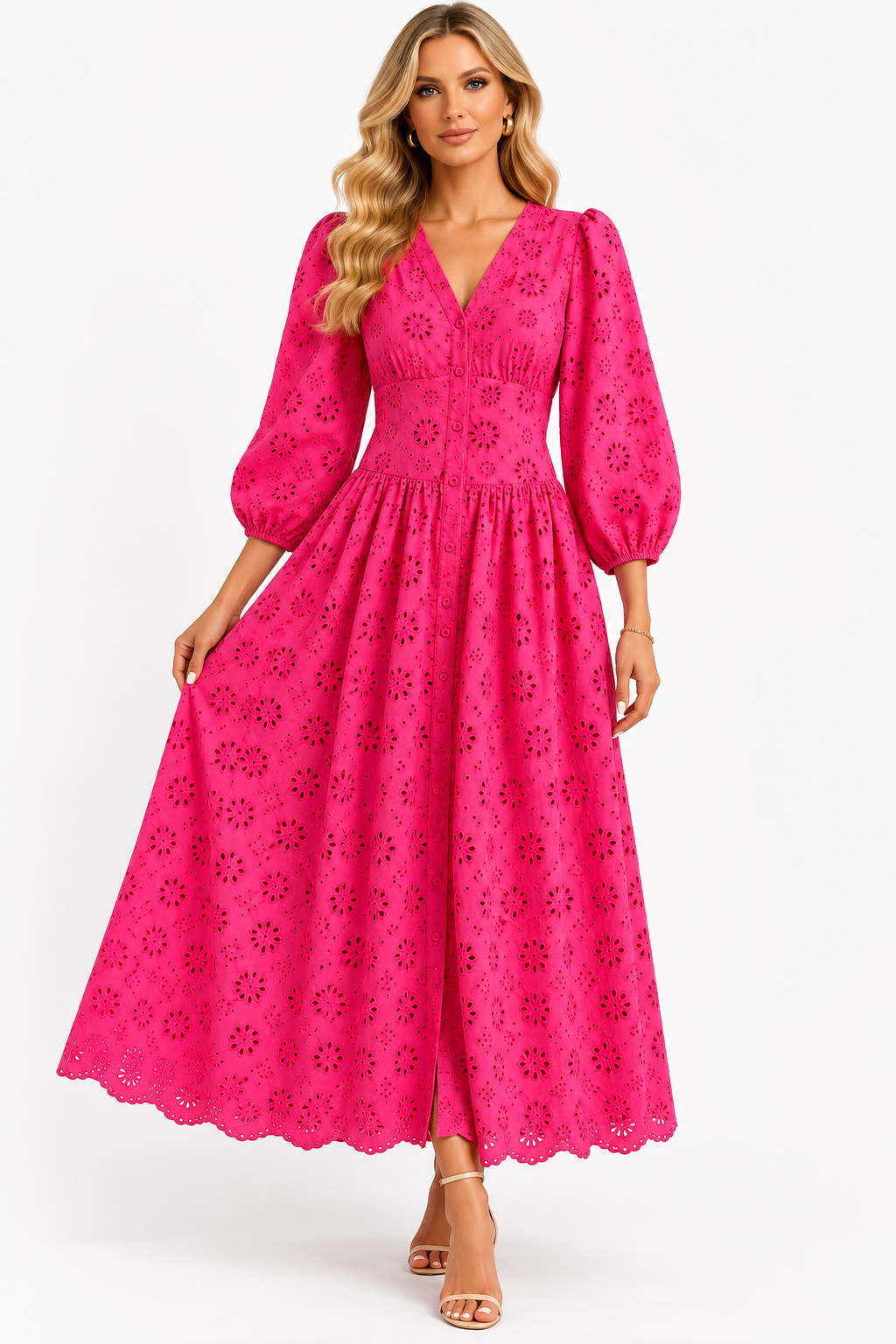 Elegant Fuchsia Broderie Midi Dress Size S