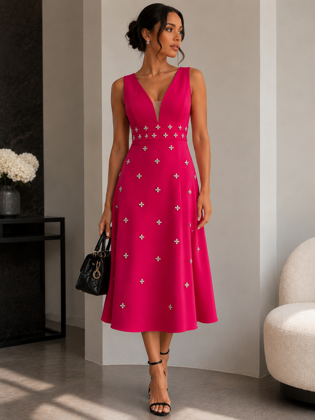 Elegant Embellished A-Line Midi Dress Size L