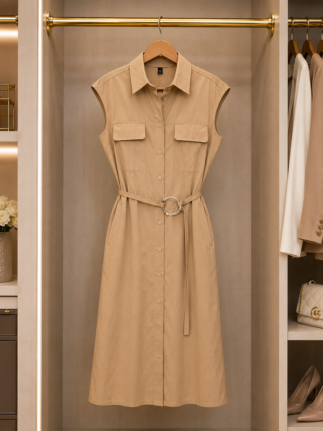 Classic Beige Shirt Midi Dress Size S