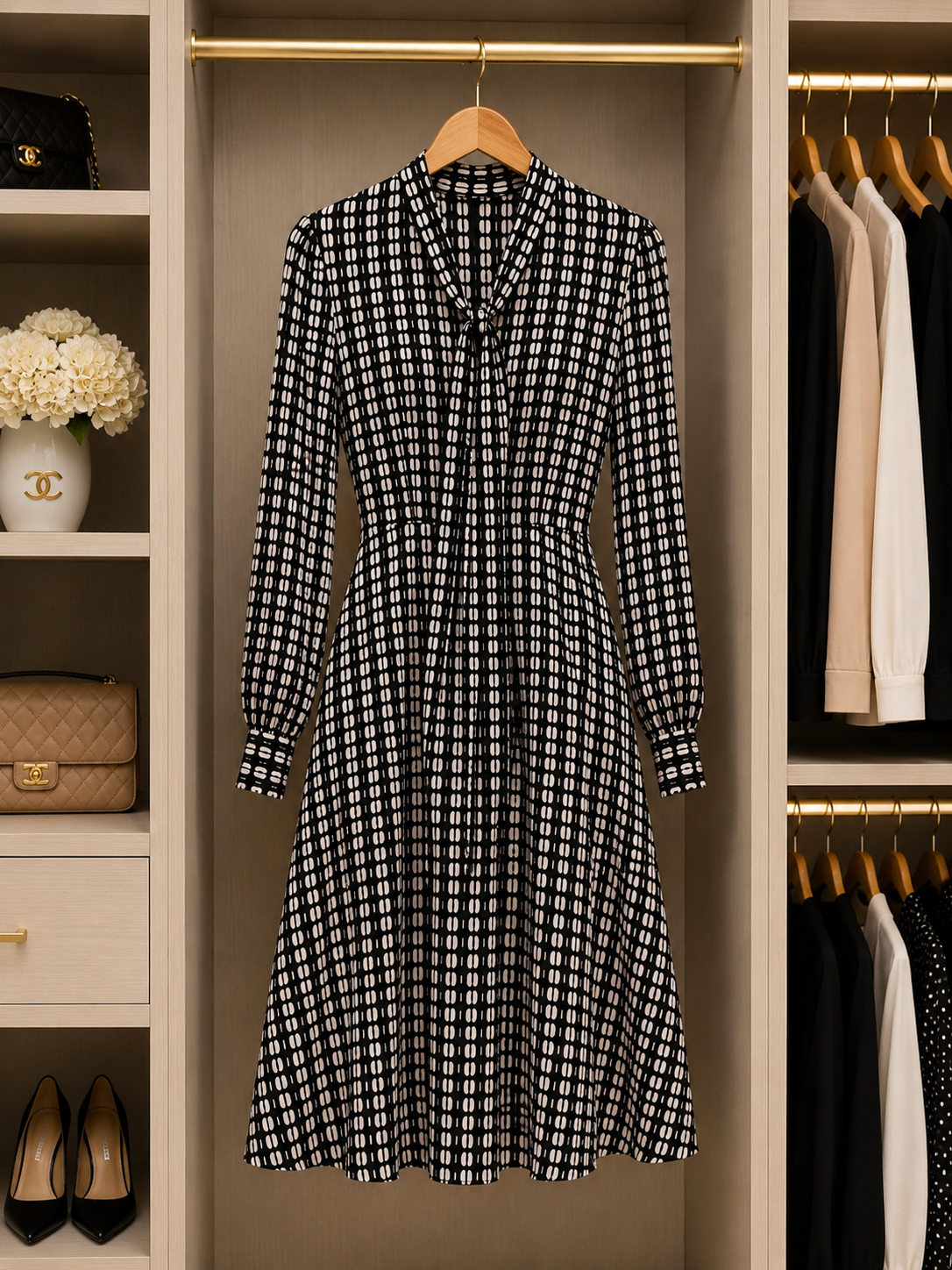 Elegant Monochrome Print Dress Size L