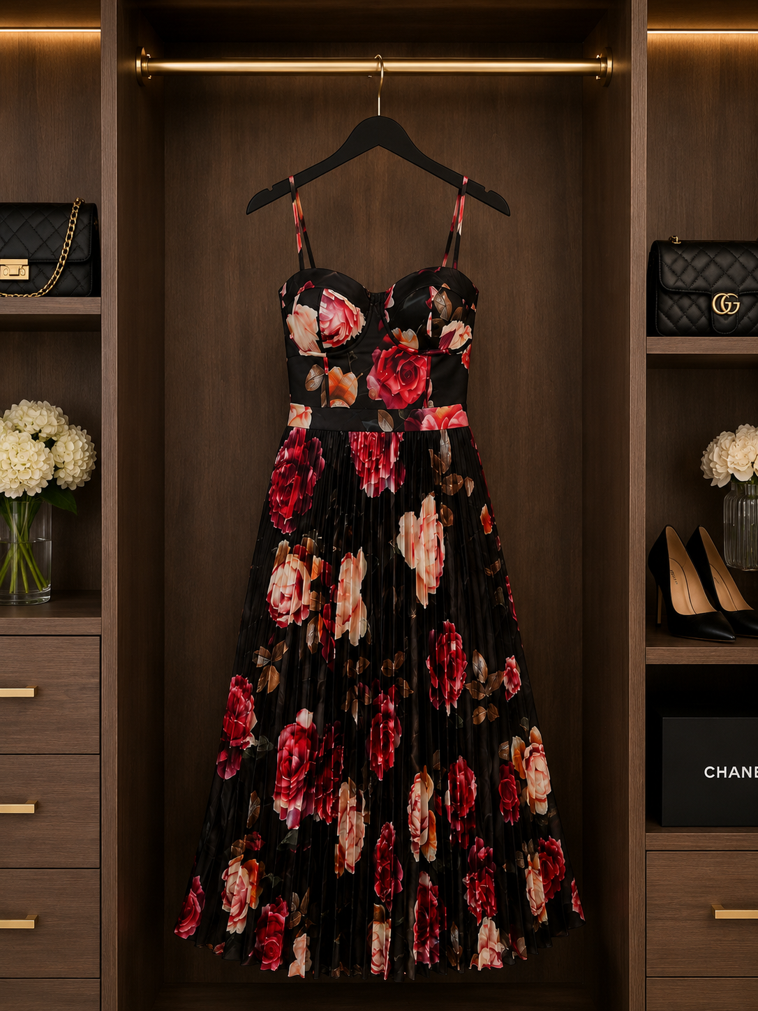 Black Floral Pleated Midi Dress – Elegant & Feminine Size M