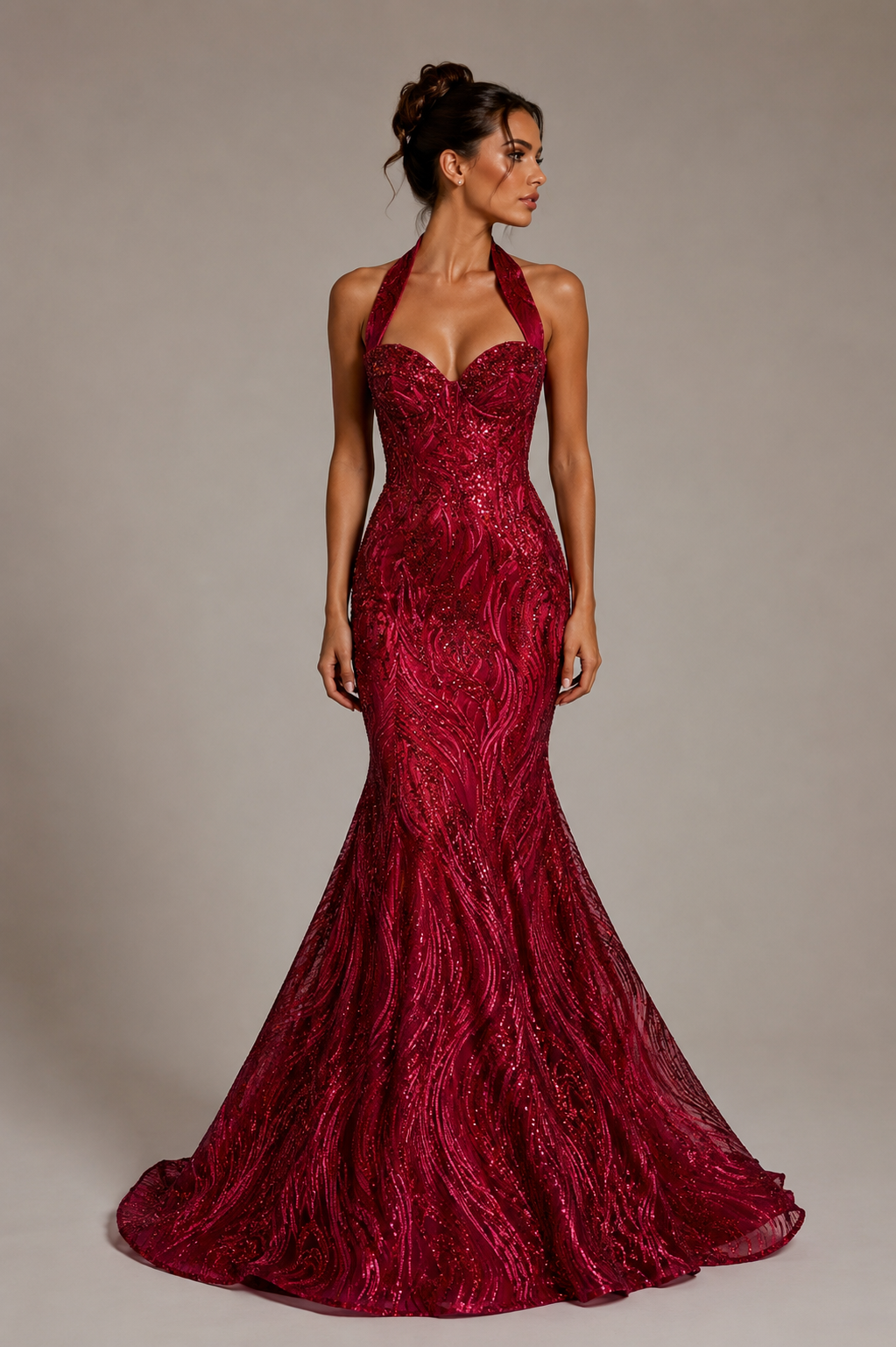 Luxury Burgundy Sequin Mermaid Evening Gown Size M