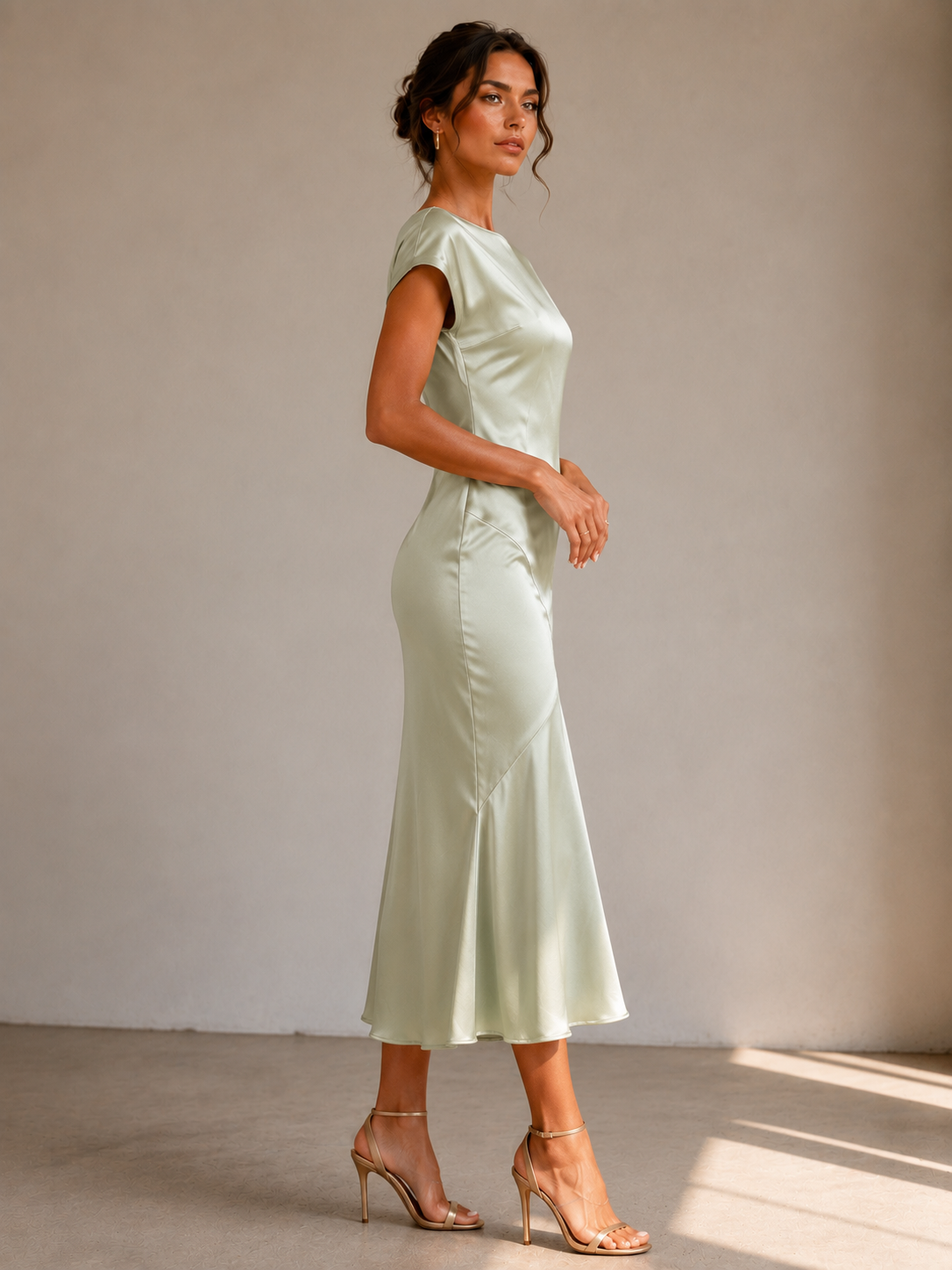 Elegant Satin Off-Shoulder Midi Dress size Mb