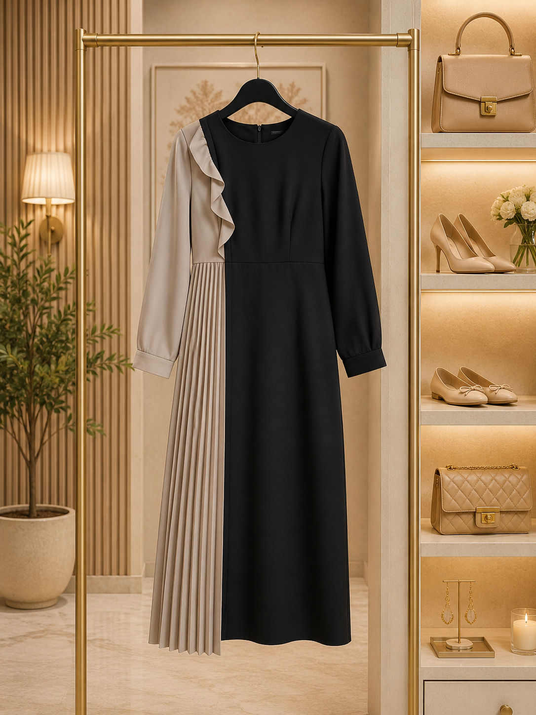 Black &amp; beige pleated midi dress
