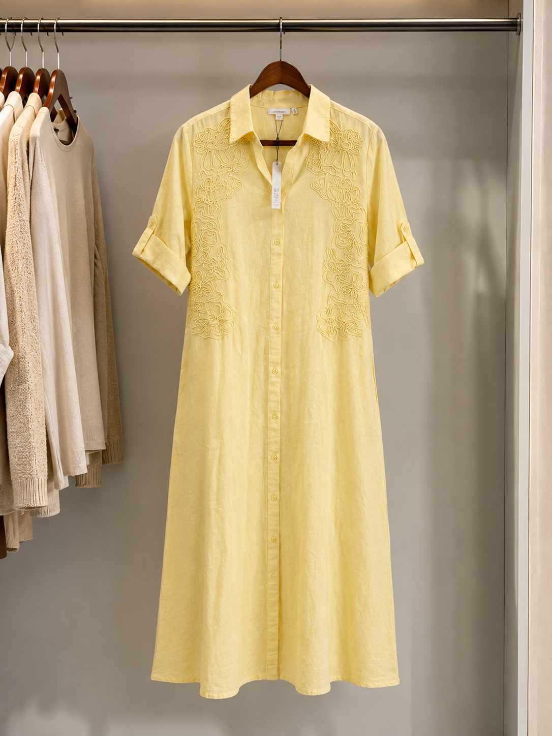 Elegant Lemon Yellow Embroidered Shirt Dress – Size M