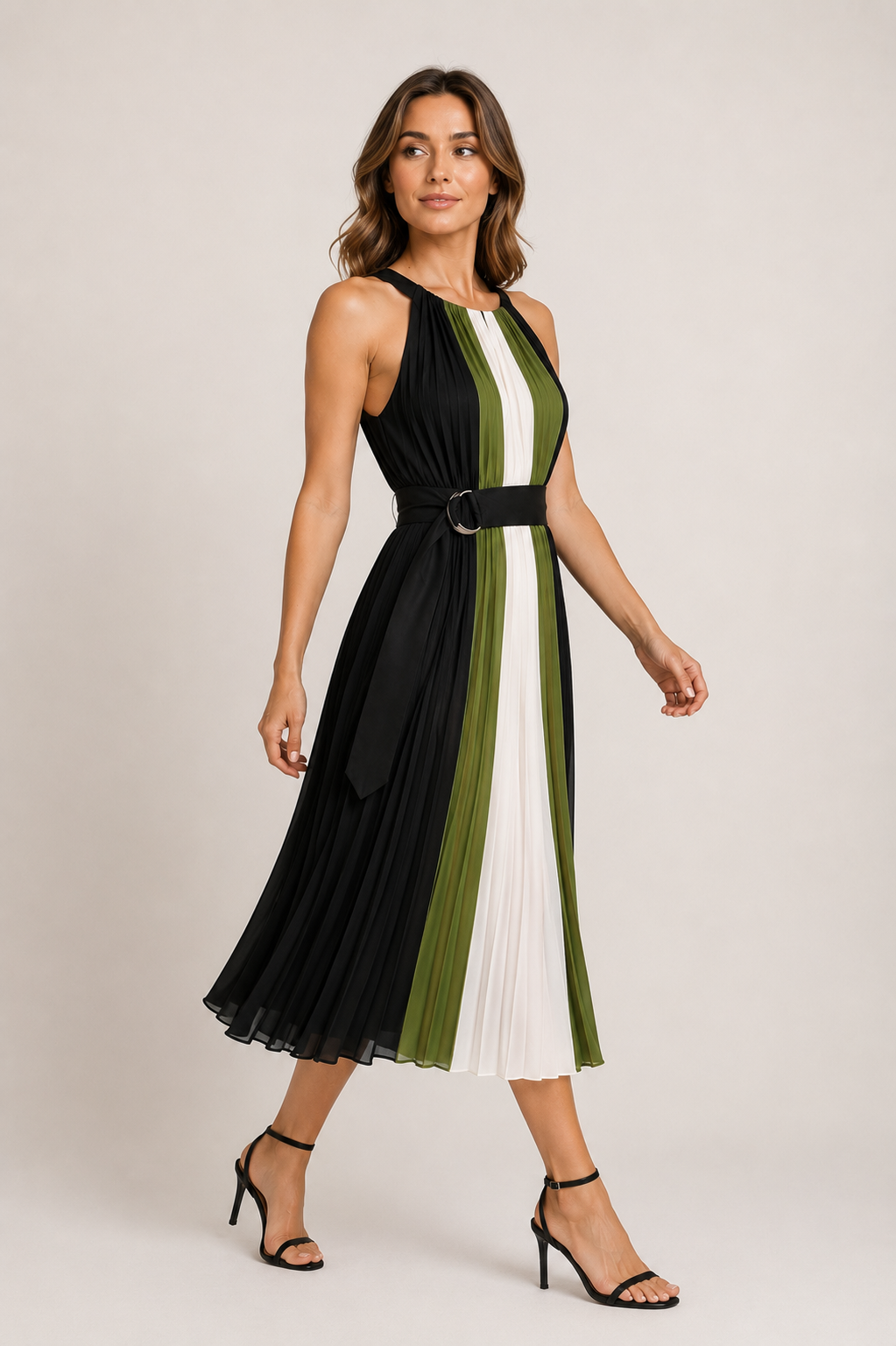 Elegant Pleated Colour block Midi Dress Size 4