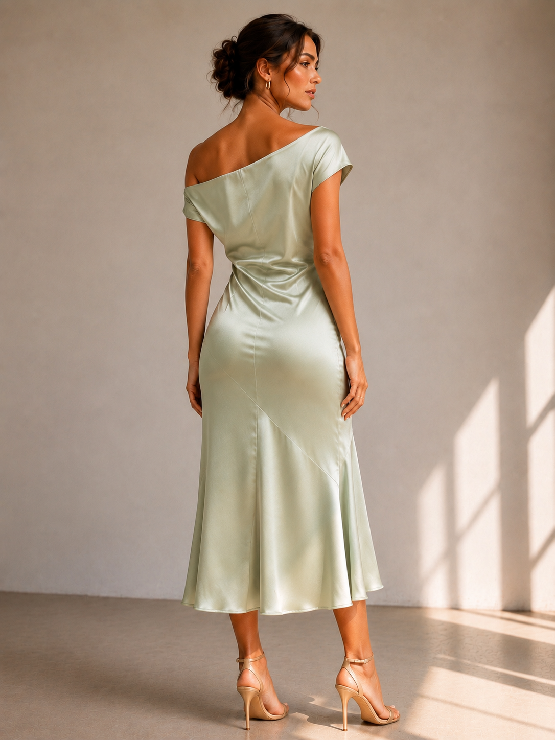 Elegant Satin Off-Shoulder Midi Dress size Mb