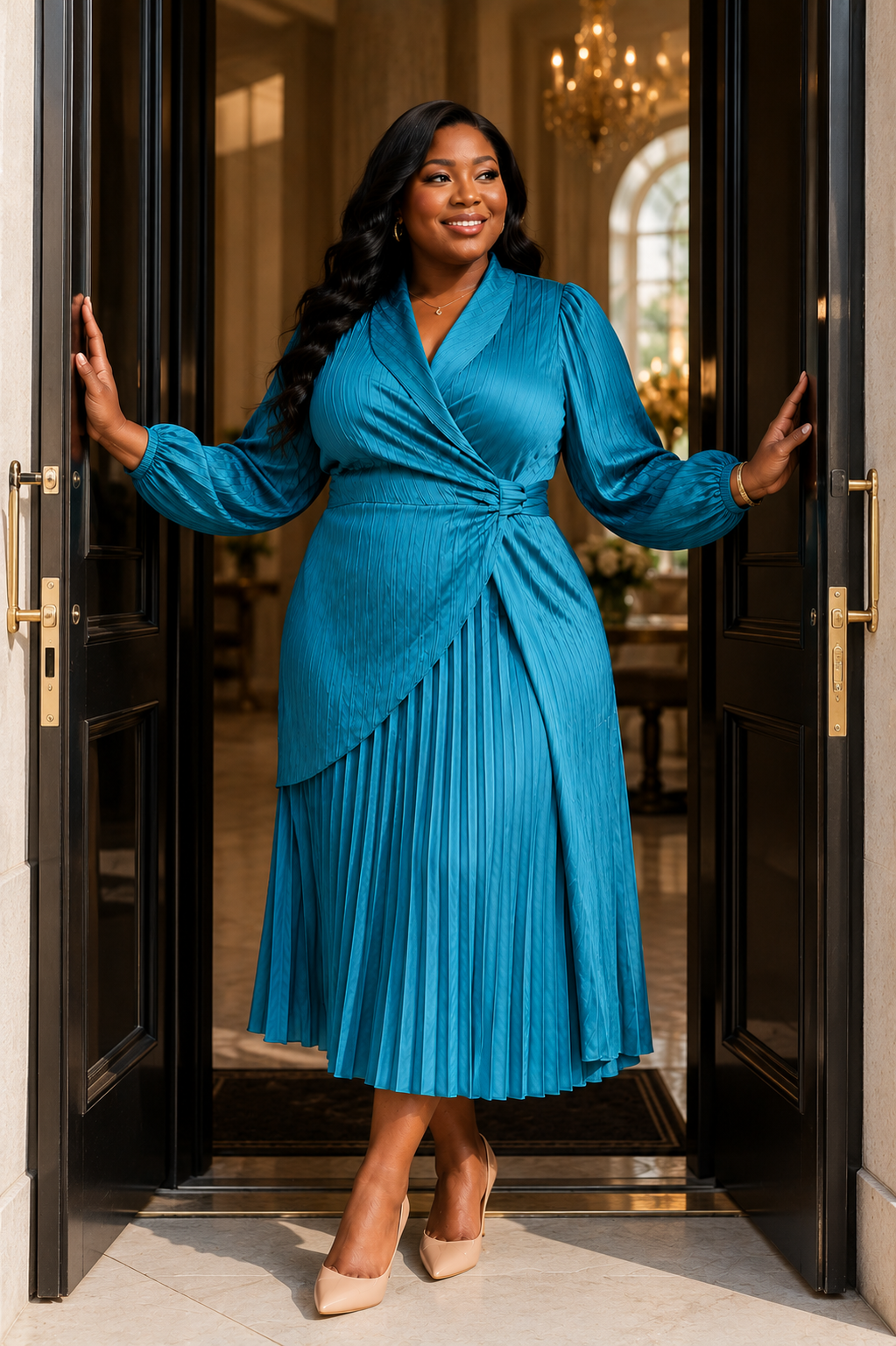 Elegant Teal Pleated Wrap Dress Size XL