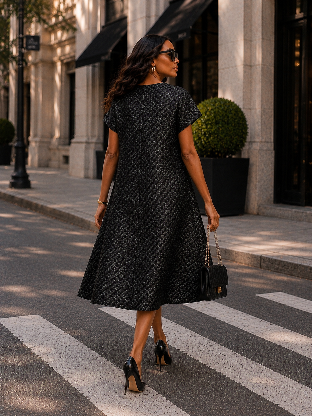 Elegant Textured Black Midi Dress Size L