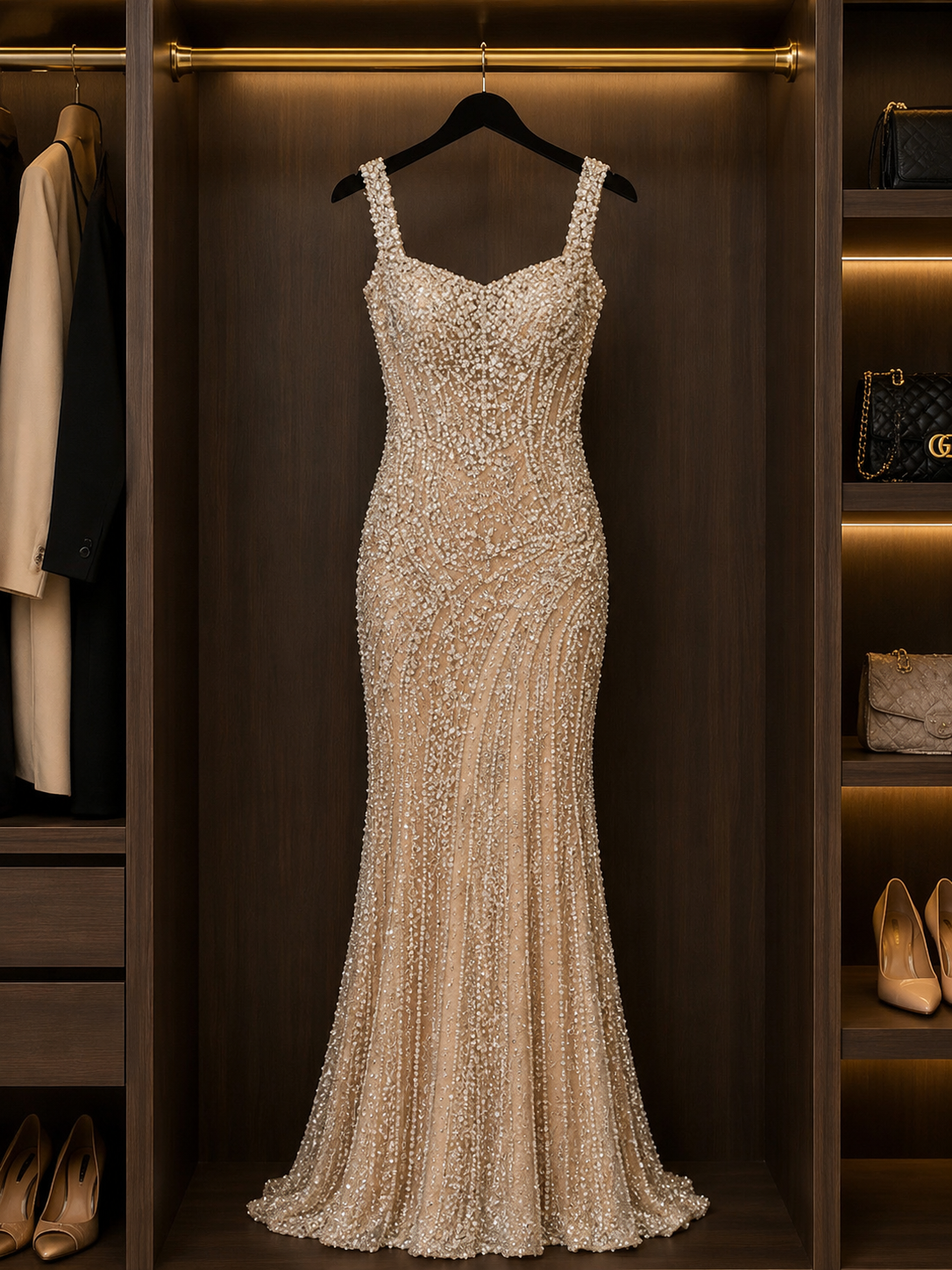 Luxury Champagne Crystal Mermaid Evening Gown Size L