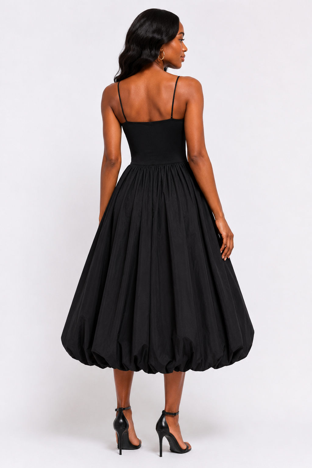 Elegant Black Balloon Midi Dress Size S