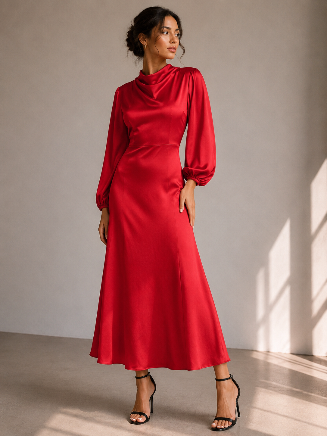 Elegant Ruby Red Satin Midi Dress – Timeless Sophistication Size XL