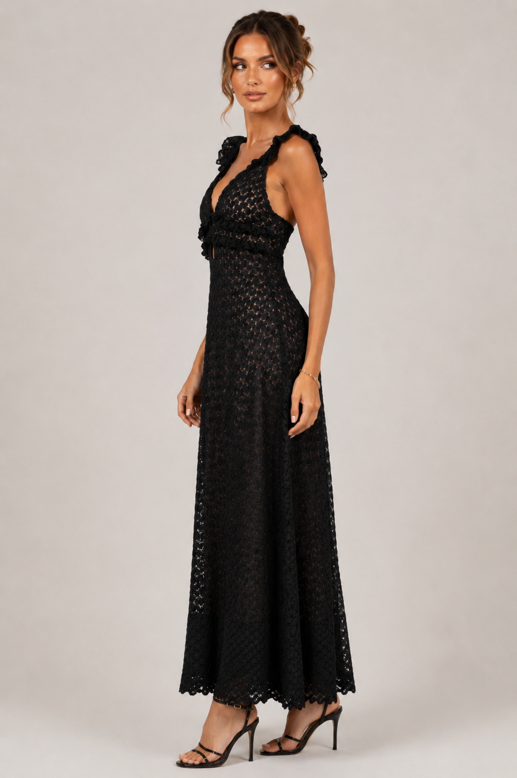 Elegant Black Lace Maxi Dress Size M