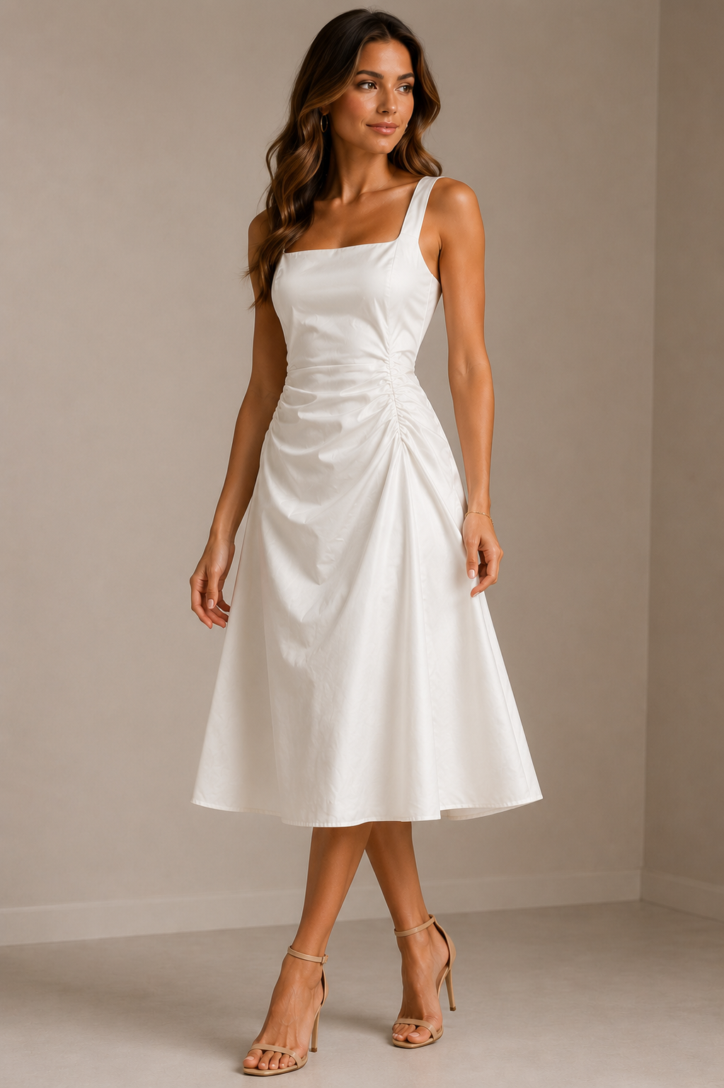 Elegant White A-Line Midi Dress Size M